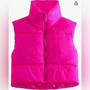 Pink Women Winter Zip Up Crop Vest Stand Collar Sleeveless Puffy Puffer Padded